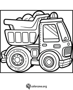 Dump truck coloring page for kids, featuring a large truck with rocks in its bed. Perfect for children to color and enjoy.