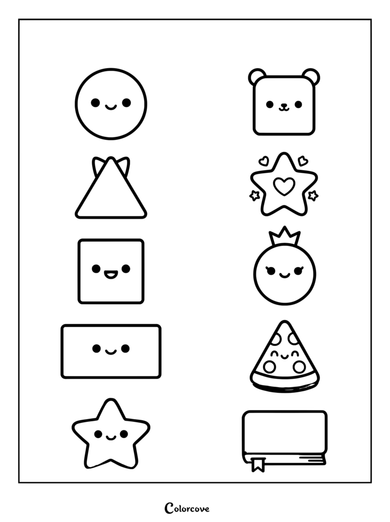 Preschool shapes coloring page featuring cute kawaii figures including a circle, square, triangle, and star with happy faces.