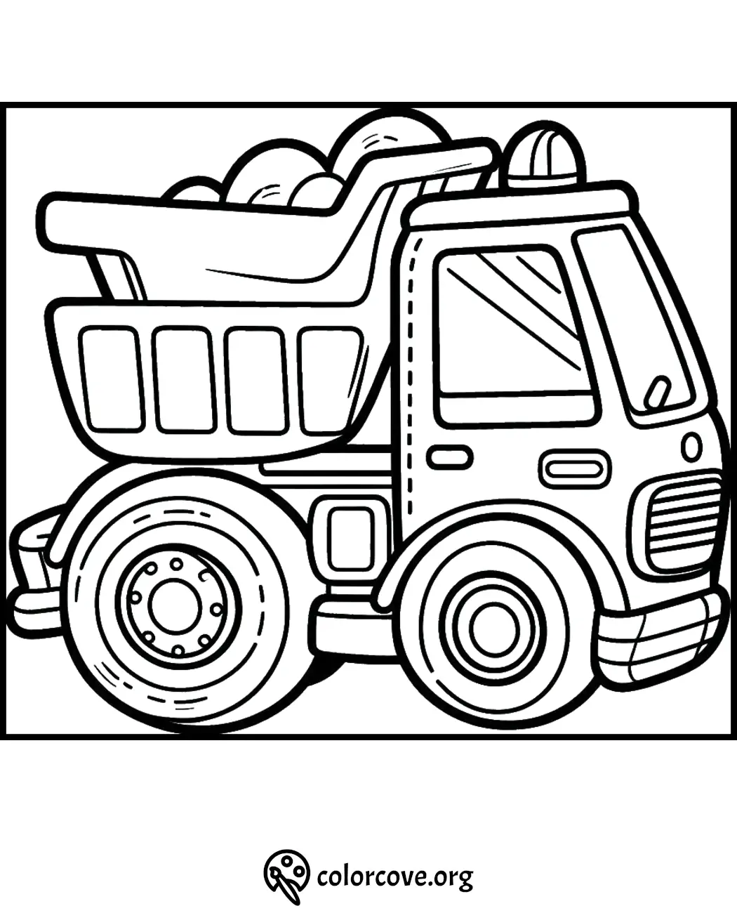 Dump truck coloring page for kids, featuring a large truck with rocks in its bed. Perfect for children to color and enjoy.