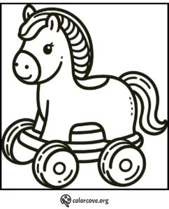 Coloring page of a cute toy horse on wheels - perfect for kids' creativity and fun. Print and color!
