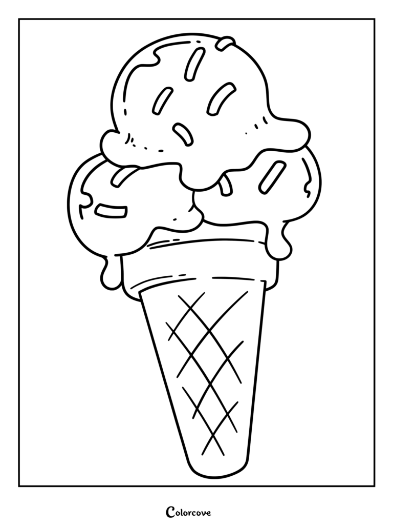 Three scoop ice cream cone with sprinkles coloring page for preschool kids