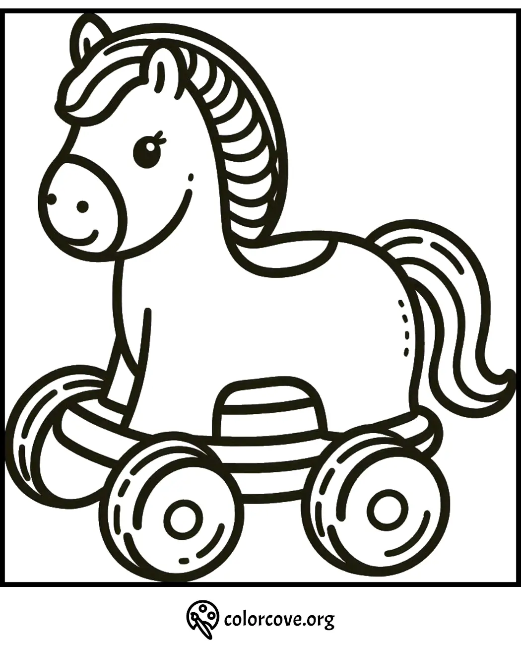 Coloring page of a cute toy horse on wheels - perfect for kids' creativity and fun. Print and color!