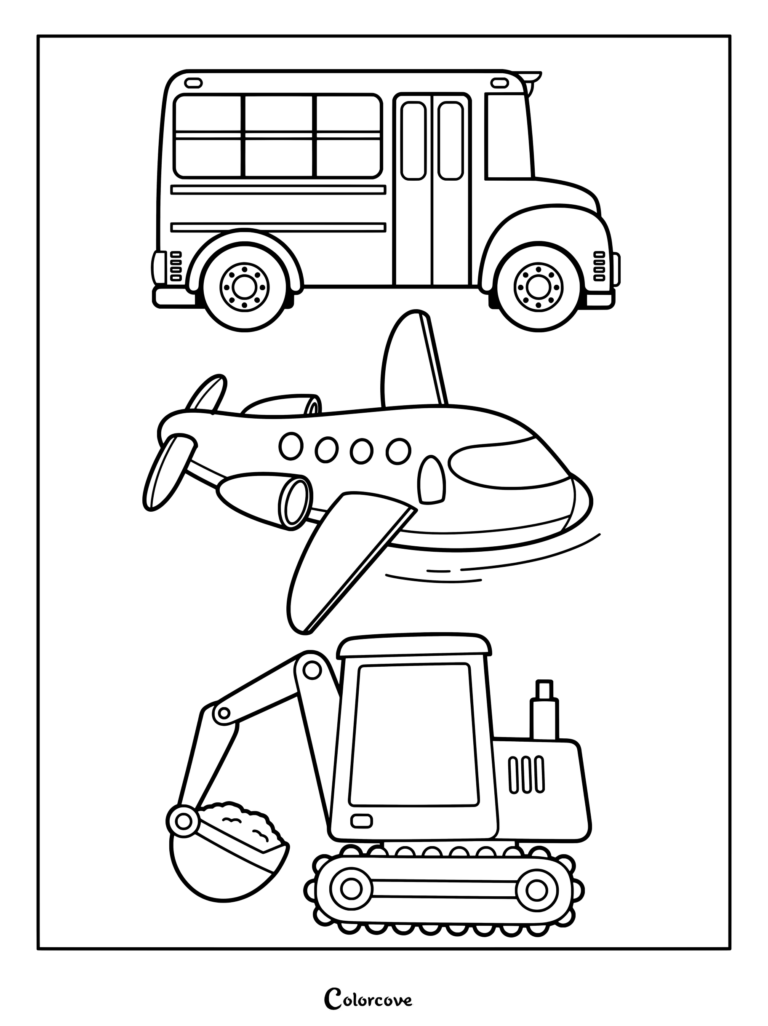 A printable coloring page featuring a school bus, an airplane, and an excavator for preschool kids