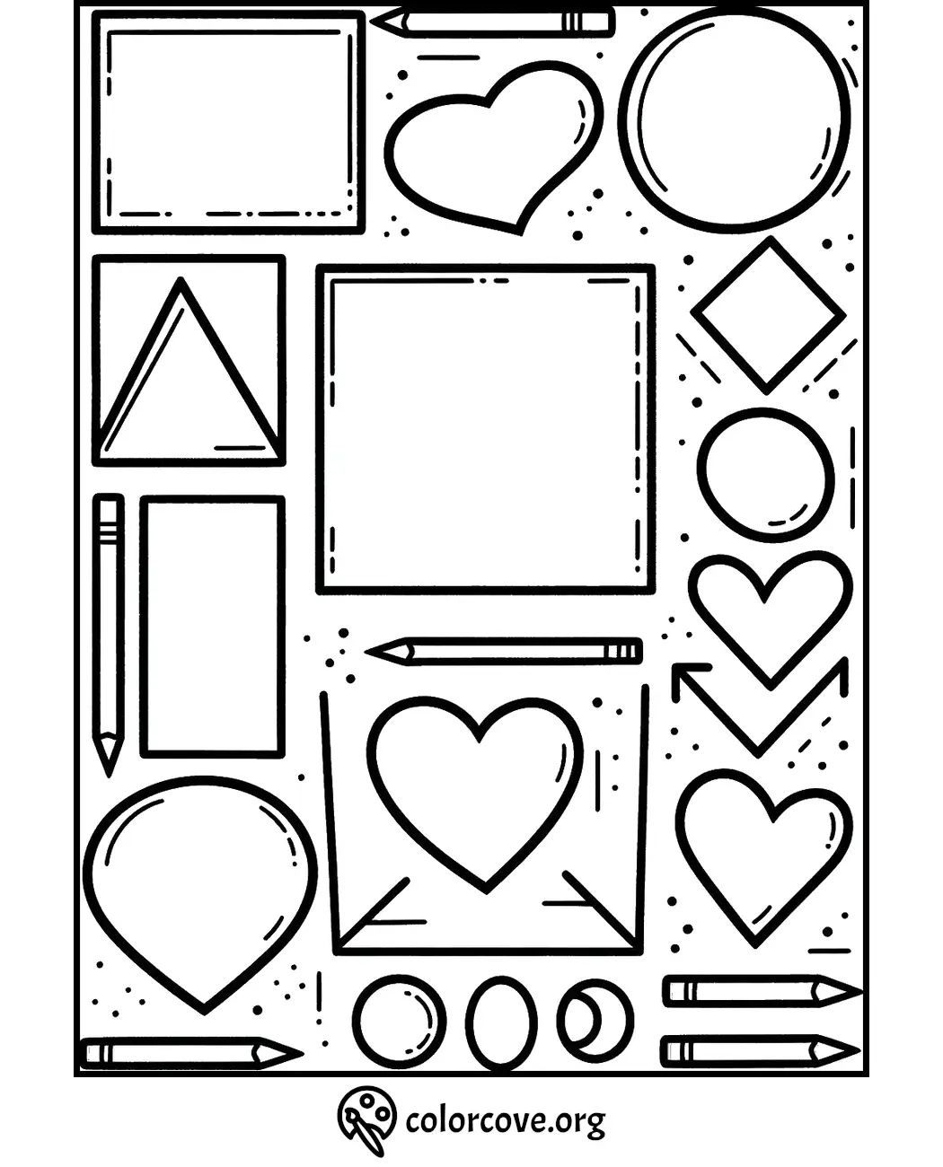 Coloring page with various shapes including hearts, circles, and squares, with pencils; suitable for kids.