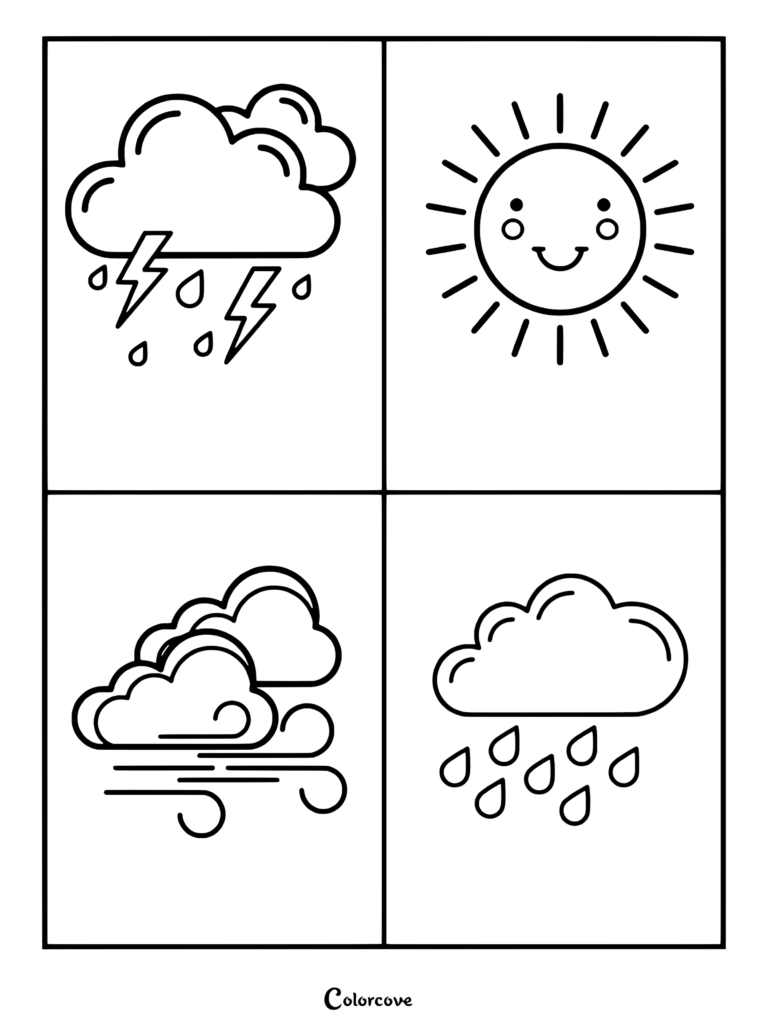 Preschool coloring page featuring four weather types including a thunderstorm, smiling sun, windy cloud, and rainy cloud.