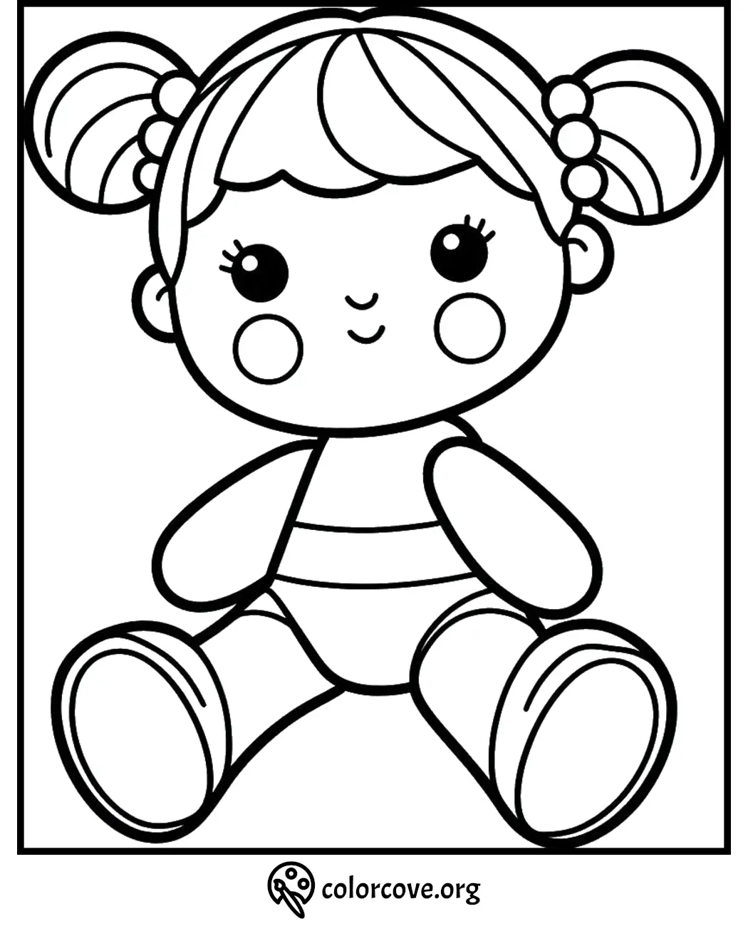 Cute doll coloring page for kids featuring a smiling toy with pigtails. Download and print for free from ColorCove.org.