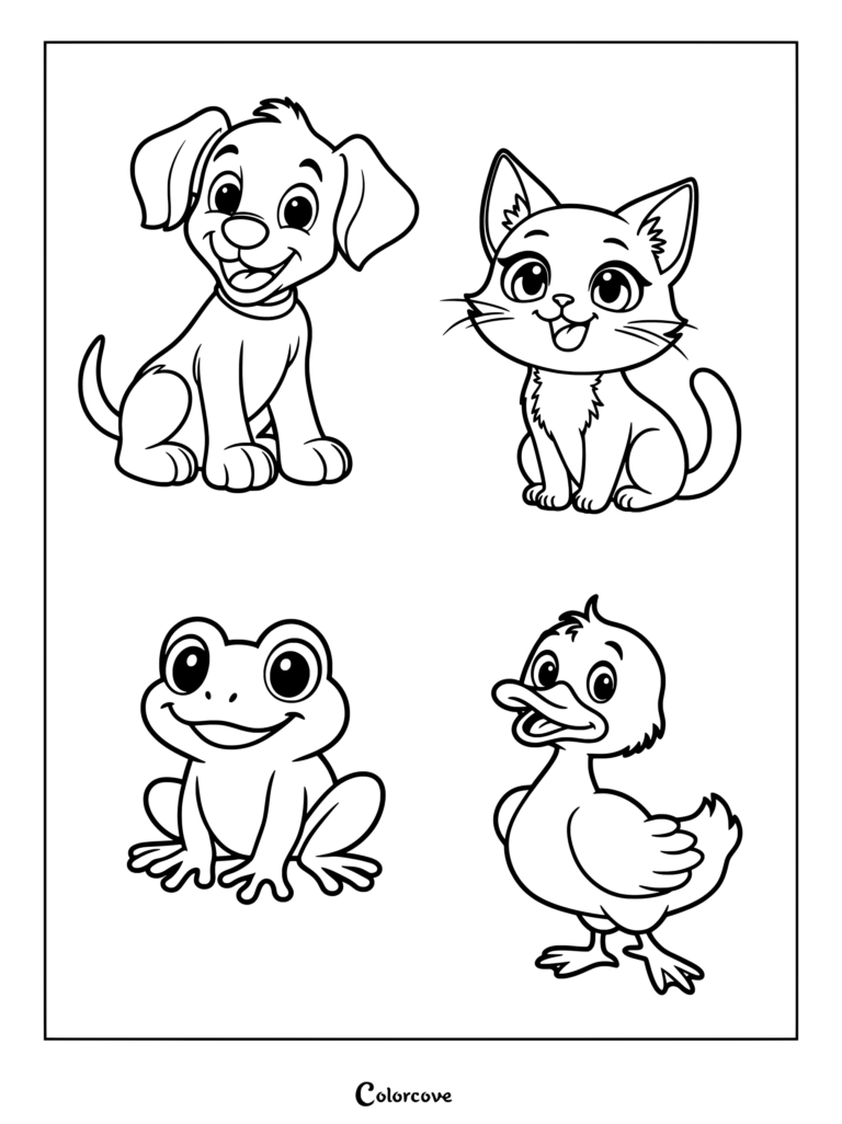 A printable coloring page featuring a cute puppy, a playful kitten, a smiling frog, and a friendly duckling.