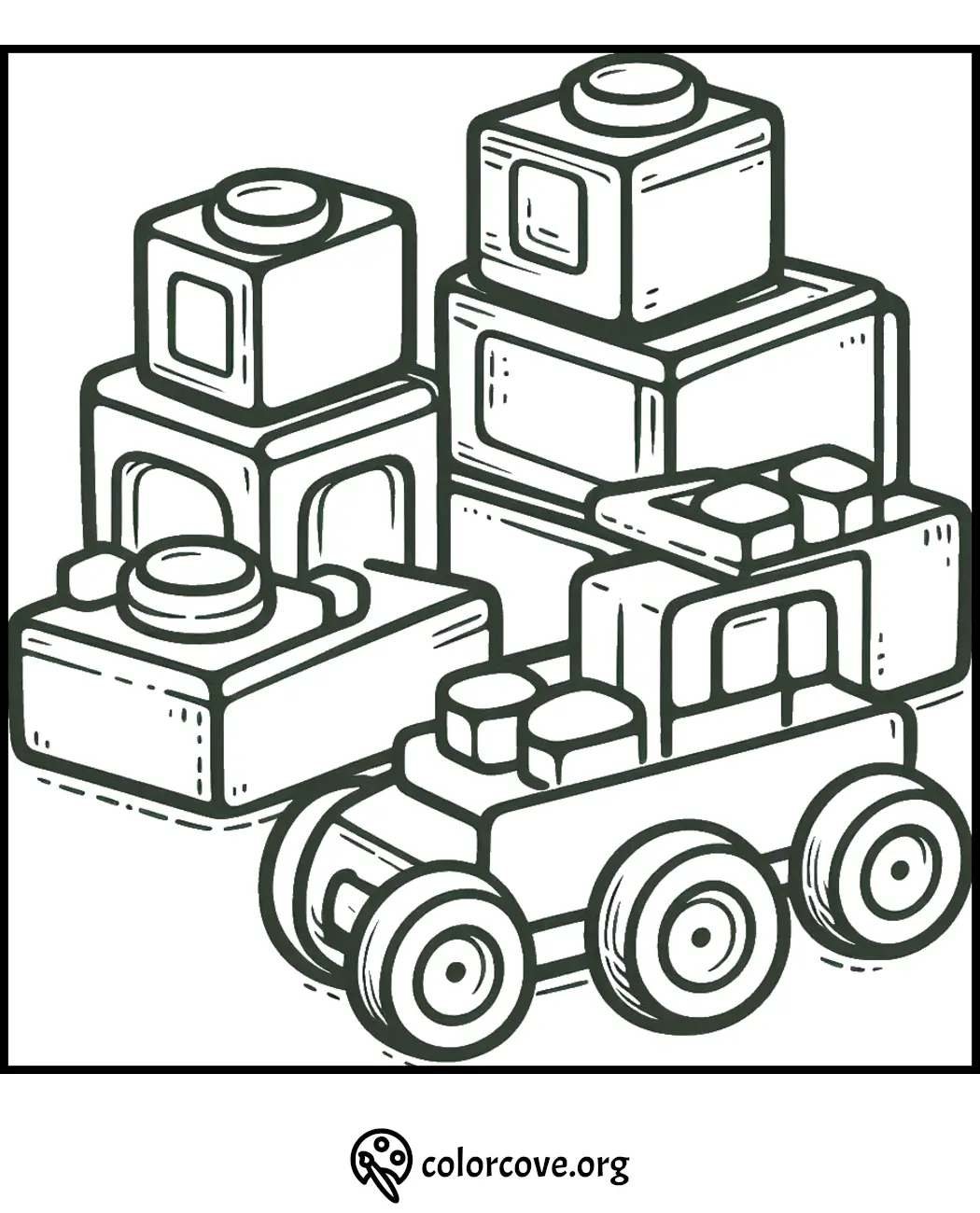 Coloring page featuring toy blocks and a toy truck for kids. Printable fun activity for children. Visit colorcove.org for more.