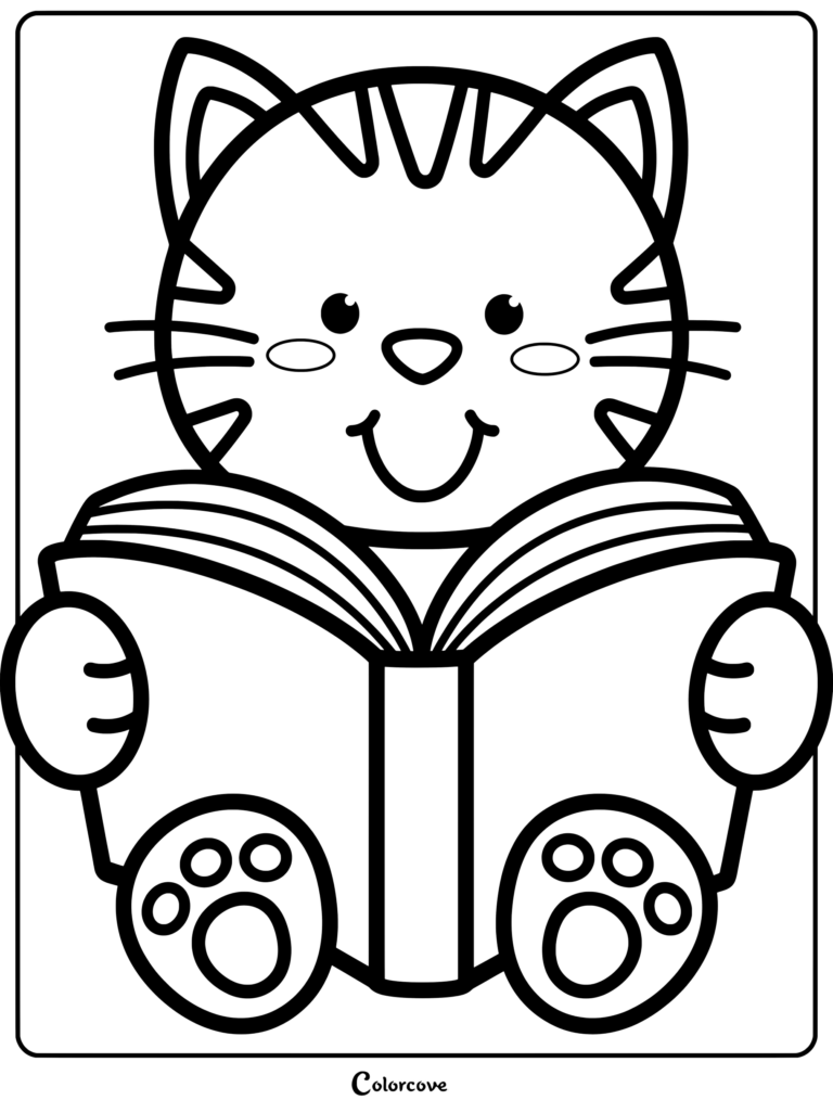 A cute tiger reading a book in this printable preschool coloring page line art.