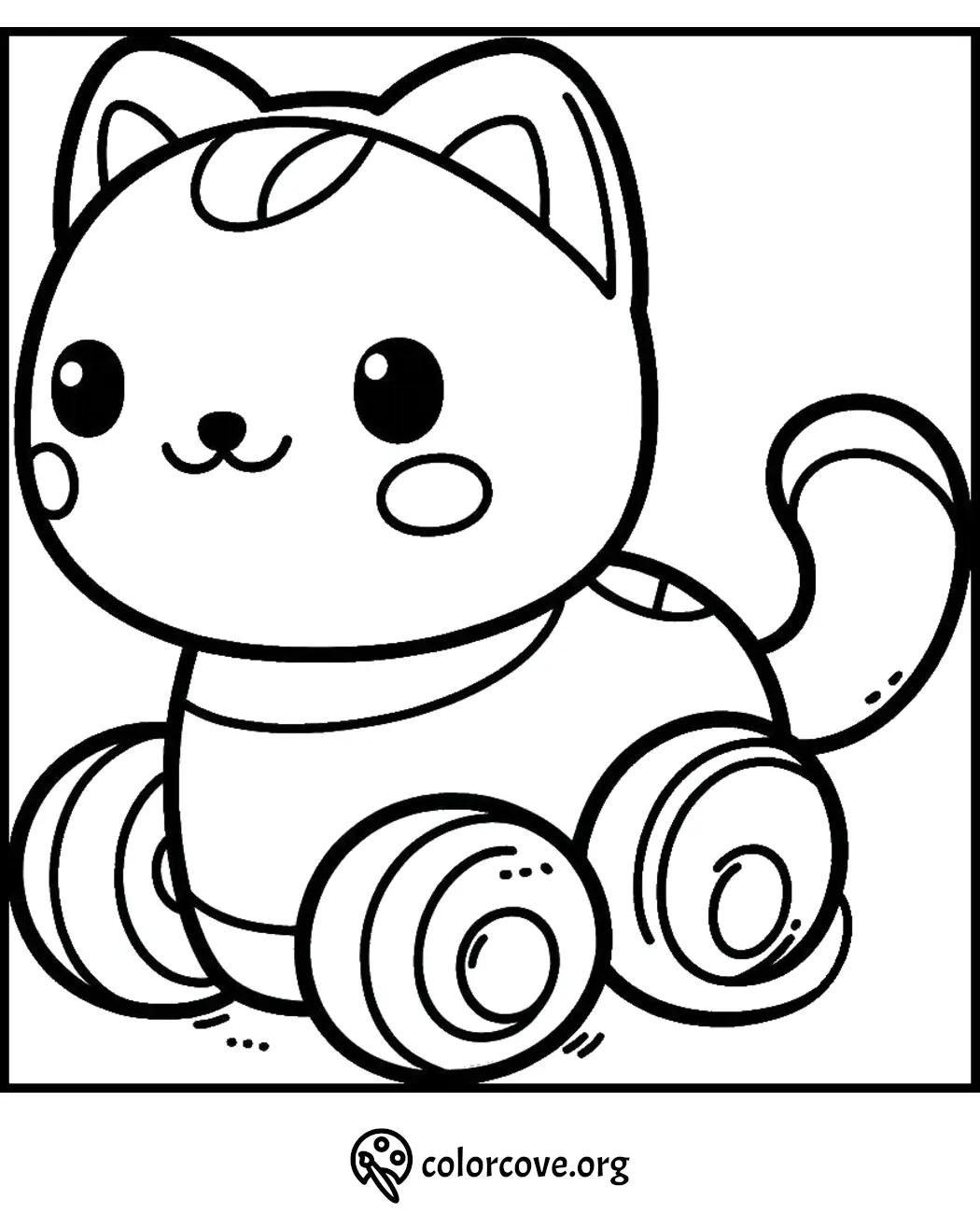 Cute cat on wheels coloring page for kids by ColorCove.org. Fun and easy coloring sheet for children. Free printable.