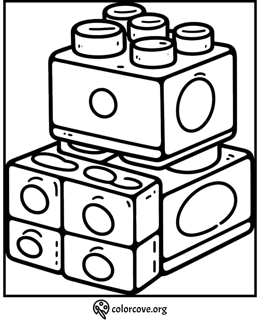 Coloring page of building blocks for kids to color and learn shapes. Stackable bricks outline drawing.