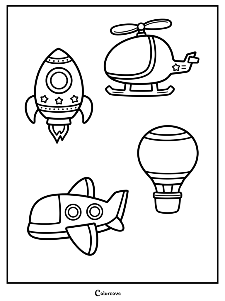A preschool coloring page featuring a rocket, a helicopter, an airplane, and a hot air balloon.