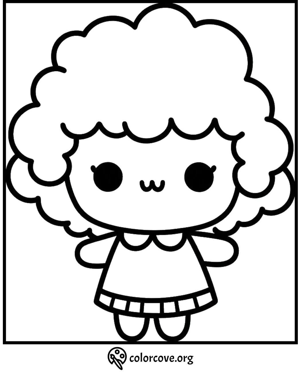 Cute cartoon character coloring page with curly hair and dress. Download and print for free at colorcove.org.