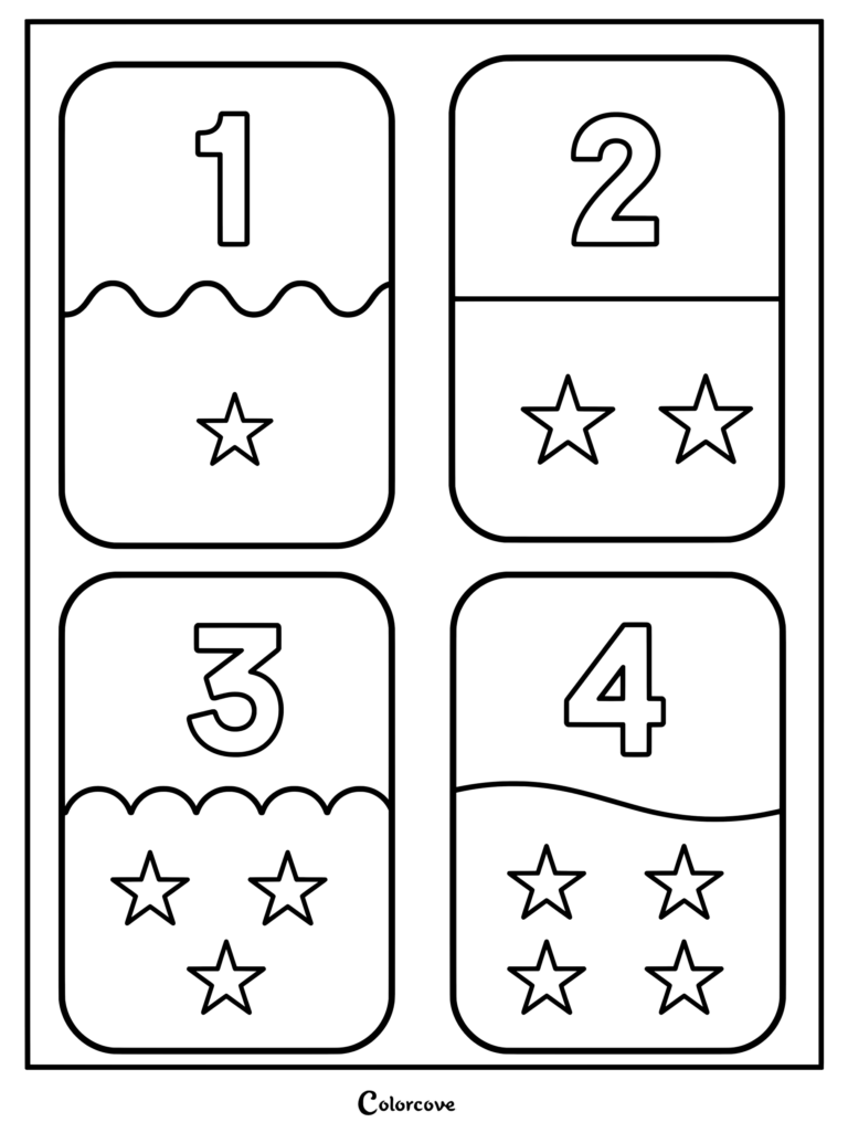 Preschool numbers 1 to 4 coloring page featuring cards with corresponding star counts.