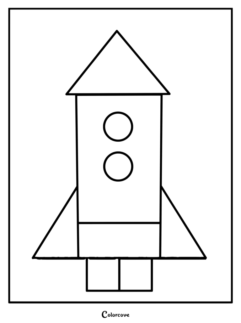 A preschool coloring page featuring a simple rocket made of geometric shapes