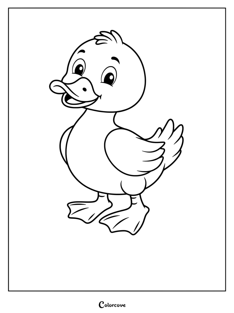 Preschool duck coloring page featuring a cute smiling baby duck standing with webbed feet and feathered wings.