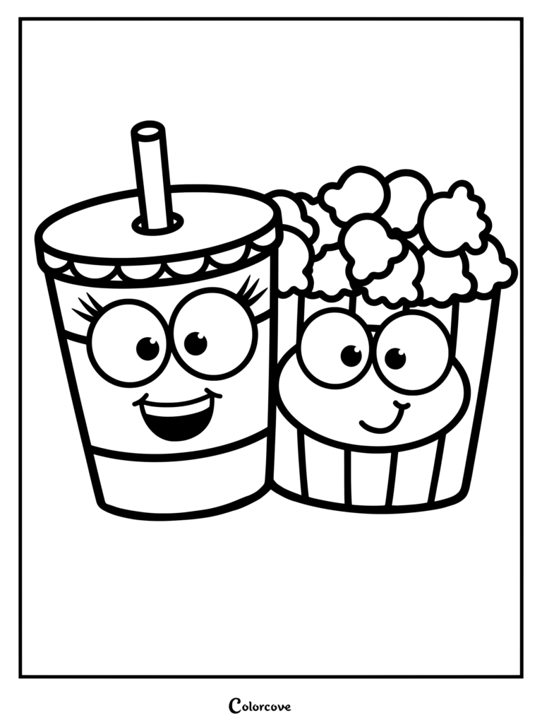 A printable preschool coloring page featuring a cute cartoon soda cup with a straw and a smiling popcorn bucket with big eyes