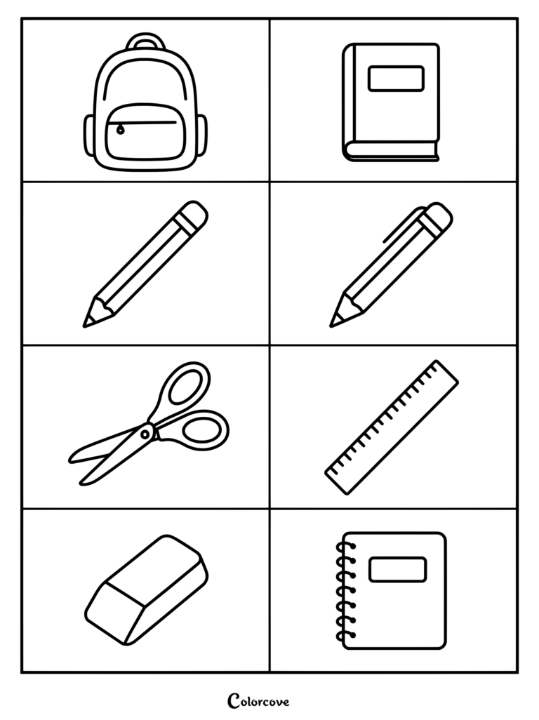 Preschool school supplies coloring page featuring a backpack, book, pencil, pen, scissors, ruler, eraser, and spiral notebook in black and white line art