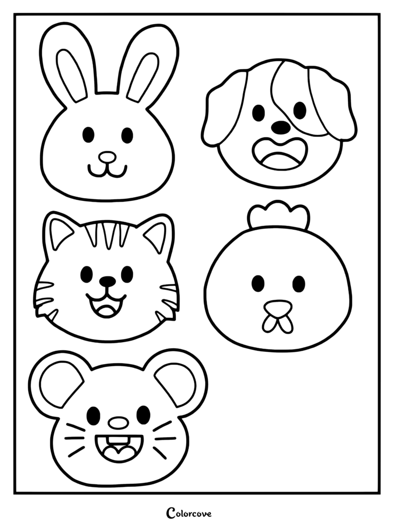 Cute preschool animal faces coloring page featuring a bunny, dog, tiger, chick, and mouse