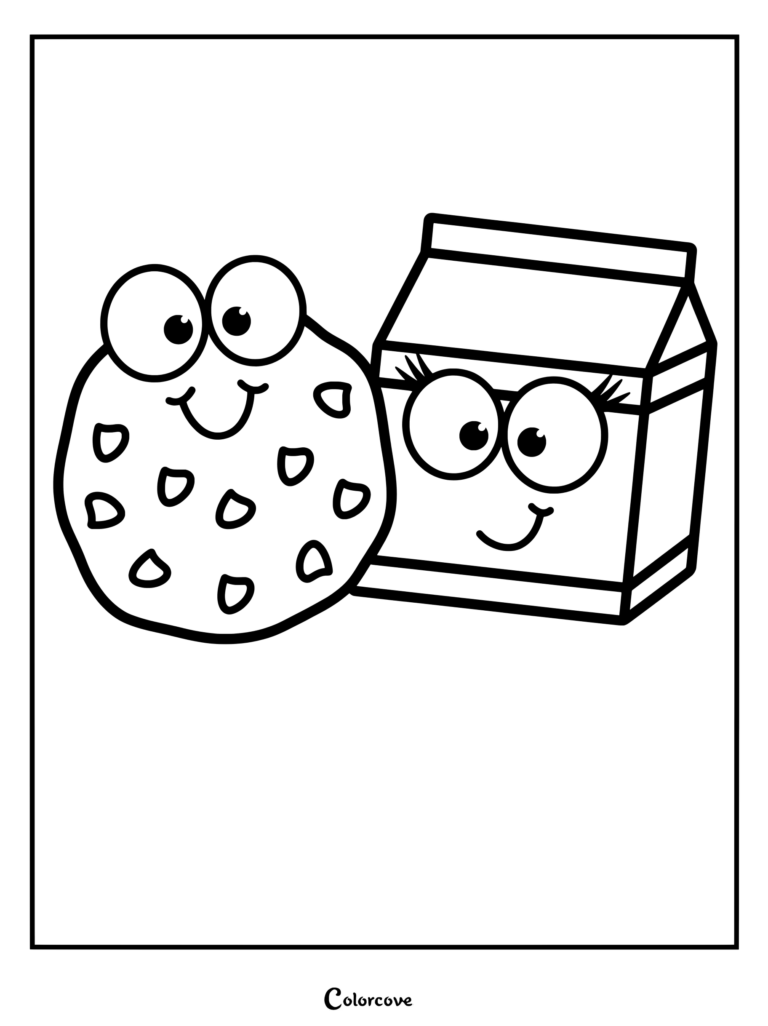 Cute cookie with chocolate chips smiling next to a happy milk carton with eyelashes in a preschool coloring page
