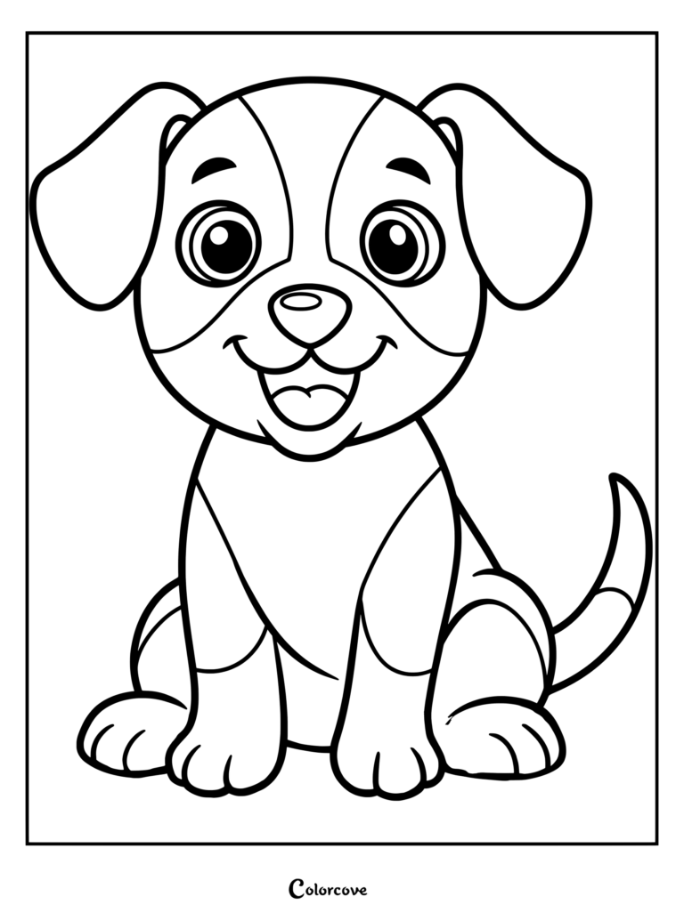 Preschool puppy coloring page featuring a cute spotted dog sitting happily
