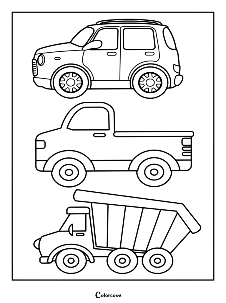 Preschool coloring page featuring three outlined vehicles including a car, a pickup truck, and a dump truck