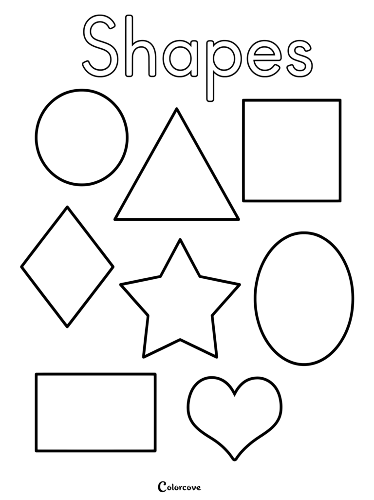 Preschool shapes coloring page featuring a circle, triangle, square, rhombus, star, oval, rectangle, and heart