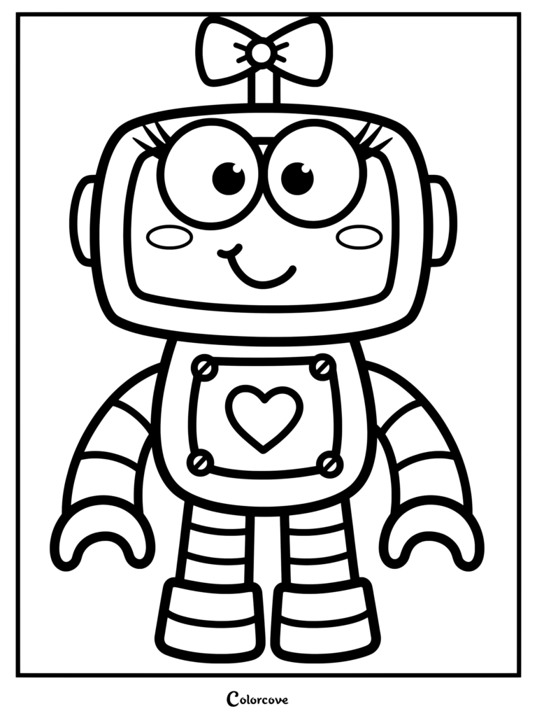 A printable preschool coloring page of a cute female robot with a bow on her head and a heart on her chest