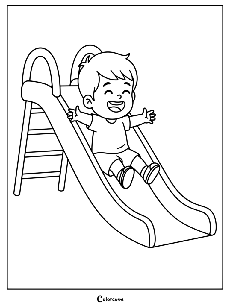 A joyful preschool boy sliding down a playground slide coloring page with arms outstretched