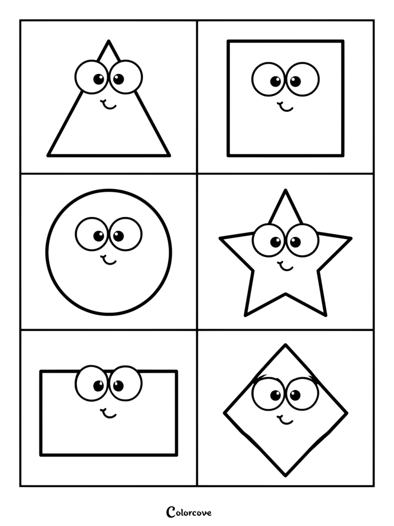 Preschool coloring page featuring cute geometric shapes with friendly cartoon faces including a triangle, square, circle, star, rectangle, and diamond.
