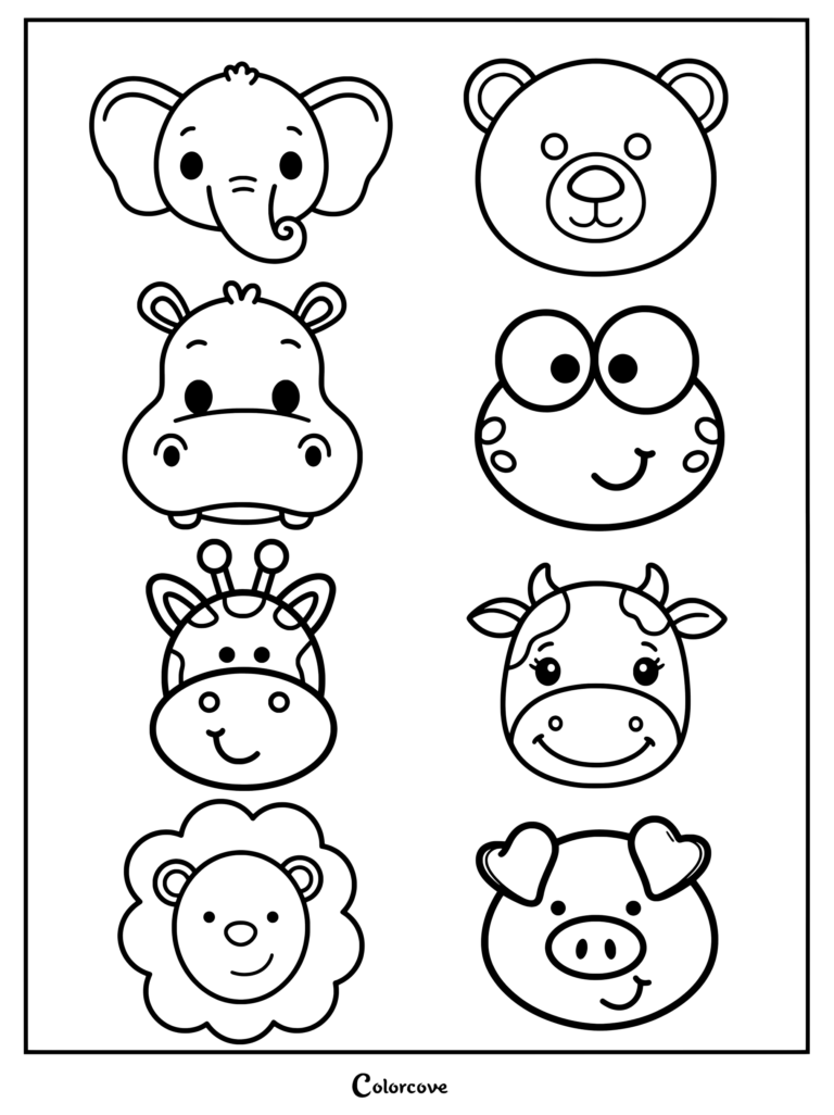 Preschool cute animal faces coloring page featuring eight simple cartoon heads including an elephant, bear, hippo, frog, giraffe, cow, lion, and pig