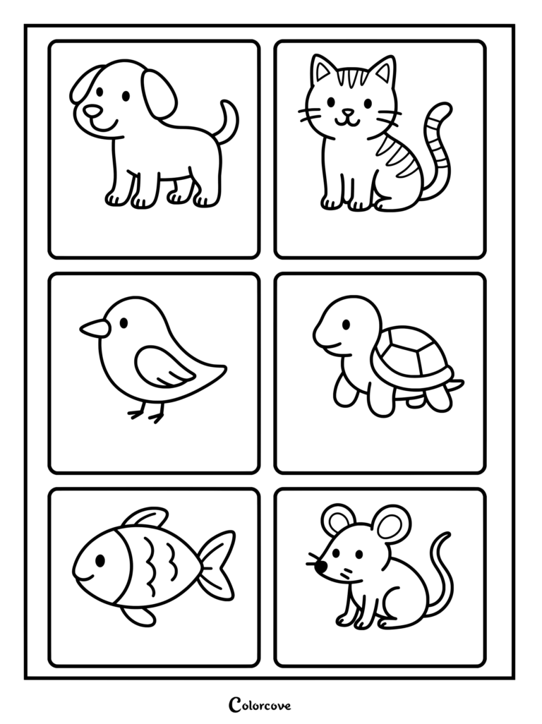 Six panels displaying cute outline drawings of various animals.