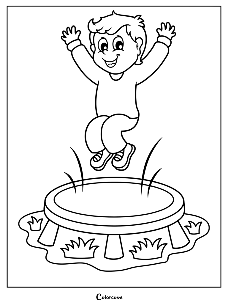 A preschool boy happily jumping high on a small backyard trampoline coloring page