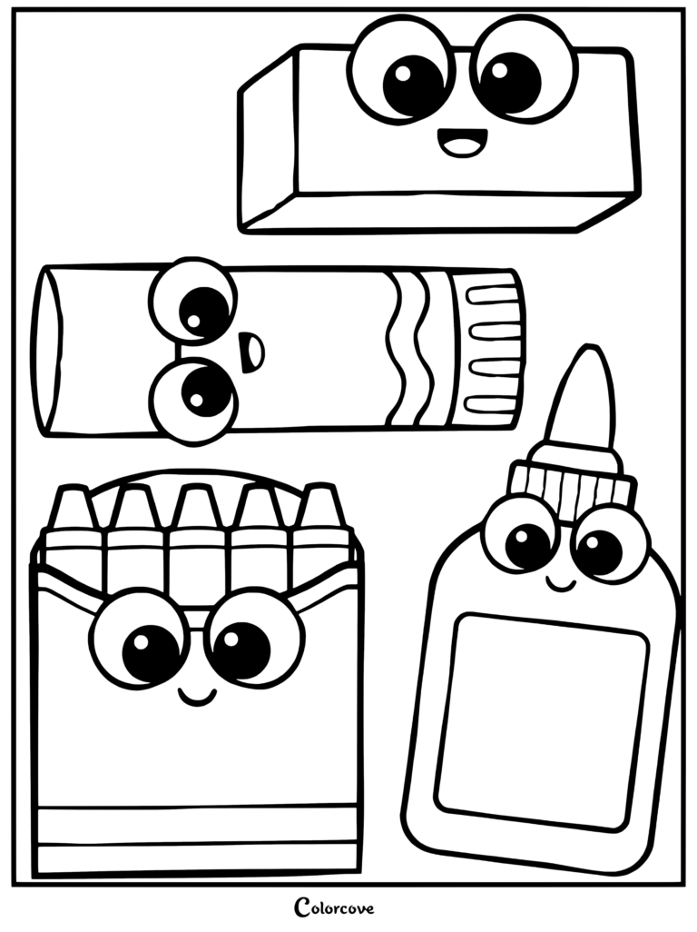 Preschool school supplies coloring page featuring cute smiling eraser, marker, crayon box, and glue bottle