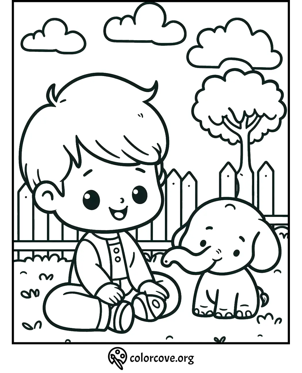 Coloring page of a happy child sitting on grass next to a cute baby elephant, with a tree, fence, and clouds in the background.