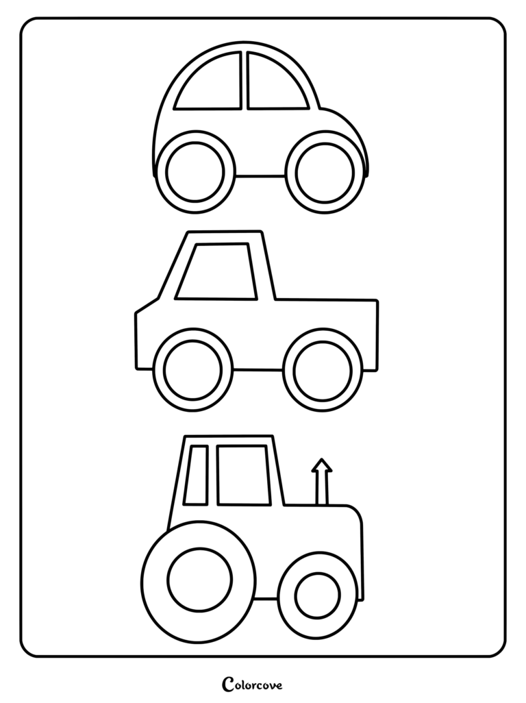 Preschool vehicles coloring page featuring a car, a pickup truck, and a tractor