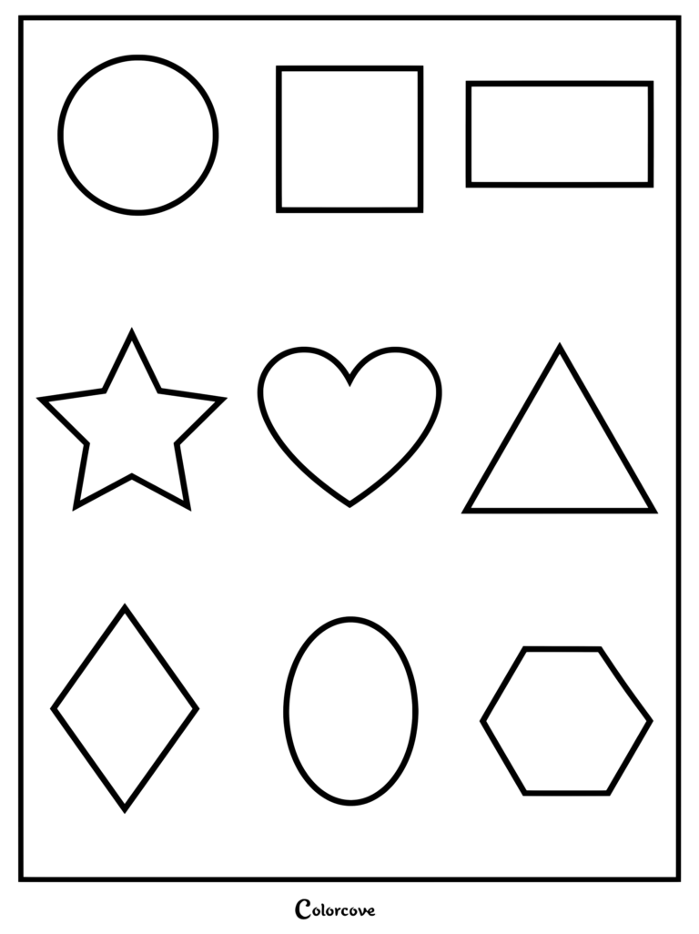 A printable preschool coloring page featuring basic geometric shapes including a circle, square, rectangle, star, heart, triangle, diamond, oval, and hexagon.