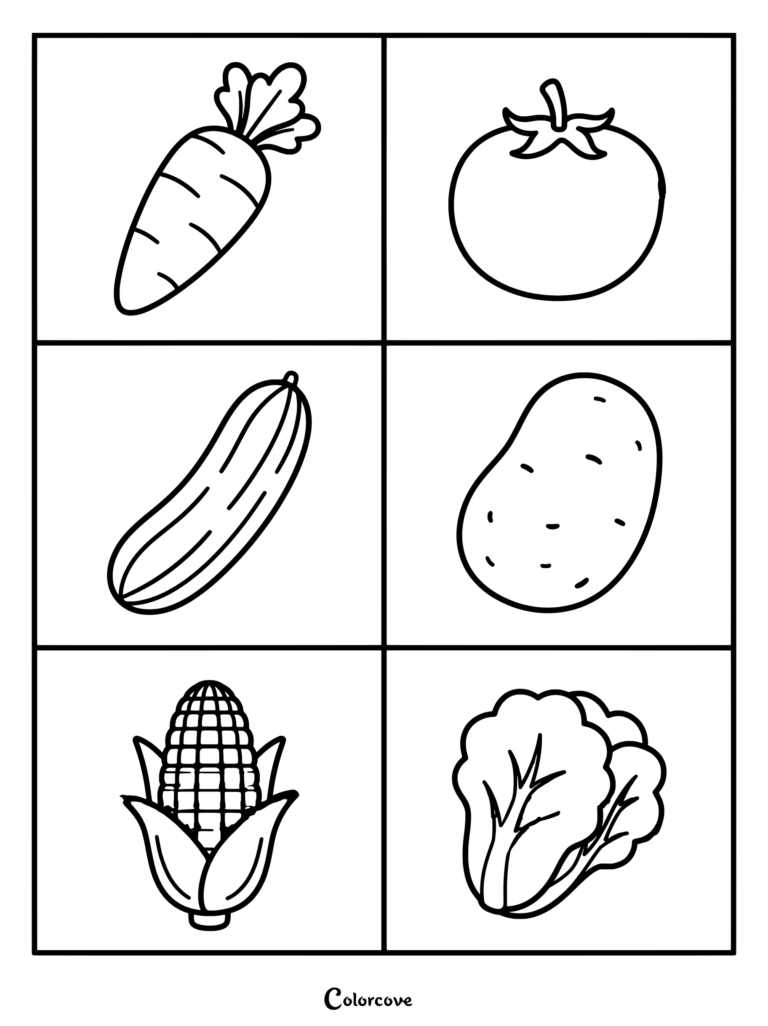 A printable coloring page featuring a grid of six vegetables including a carrot, tomato, cucumber, potato, corn, and lettuce for preschool learning.