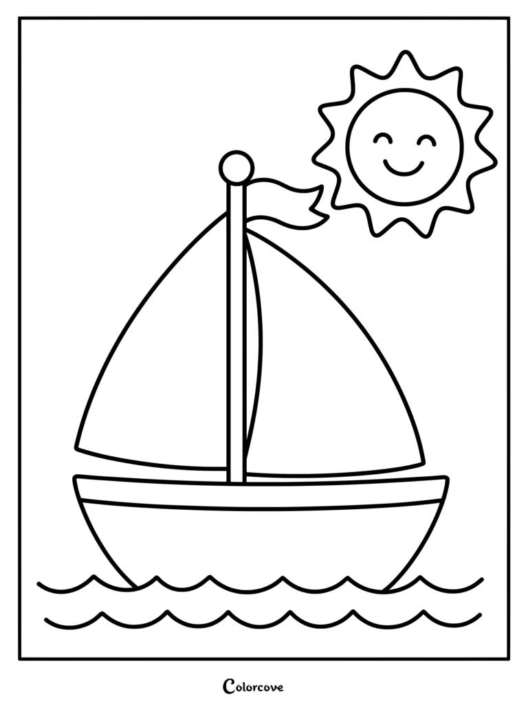 Preschool sailboat coloring page featuring a cute boat on waves with a smiling sun