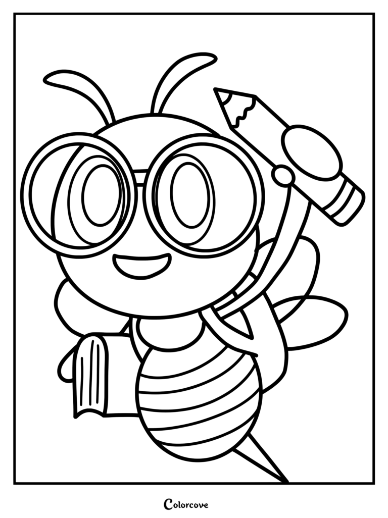 Smart bee wearing round glasses holding a pencil and book coloring page