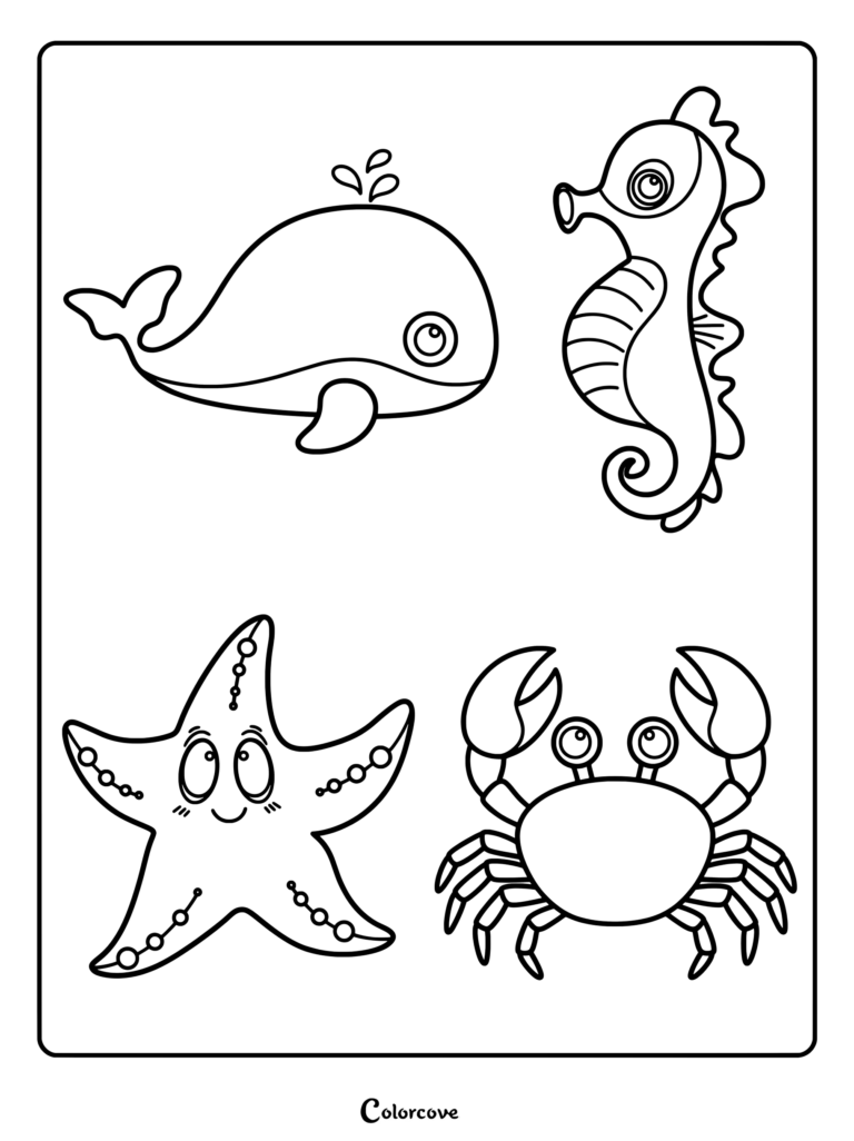 Preschool coloring page featuring friendly sea creatures including a whale, seahorse, starfish, and crab.