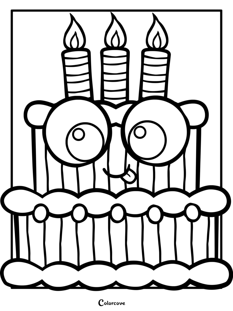 Preschool birthday cake coloring page featuring a funny cake with big eyes, three lit candles, and a smiling tongue face