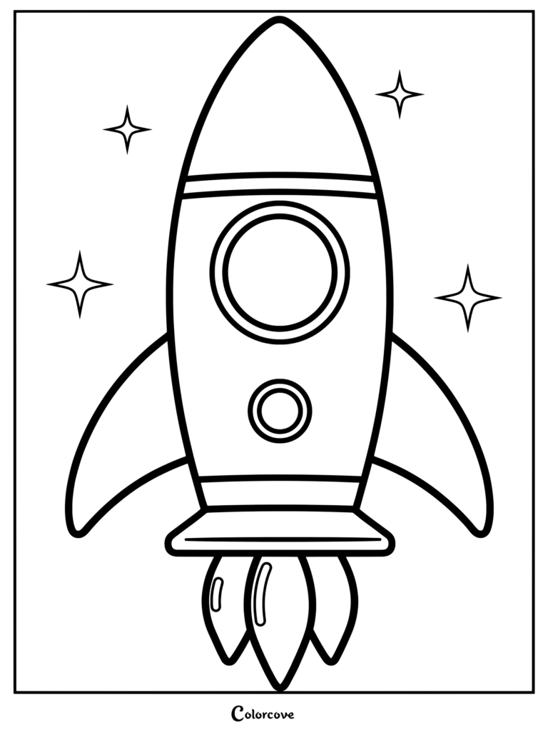 A printable preschool coloring page featuring a simple cartoon rocket ship launching with stars in space.