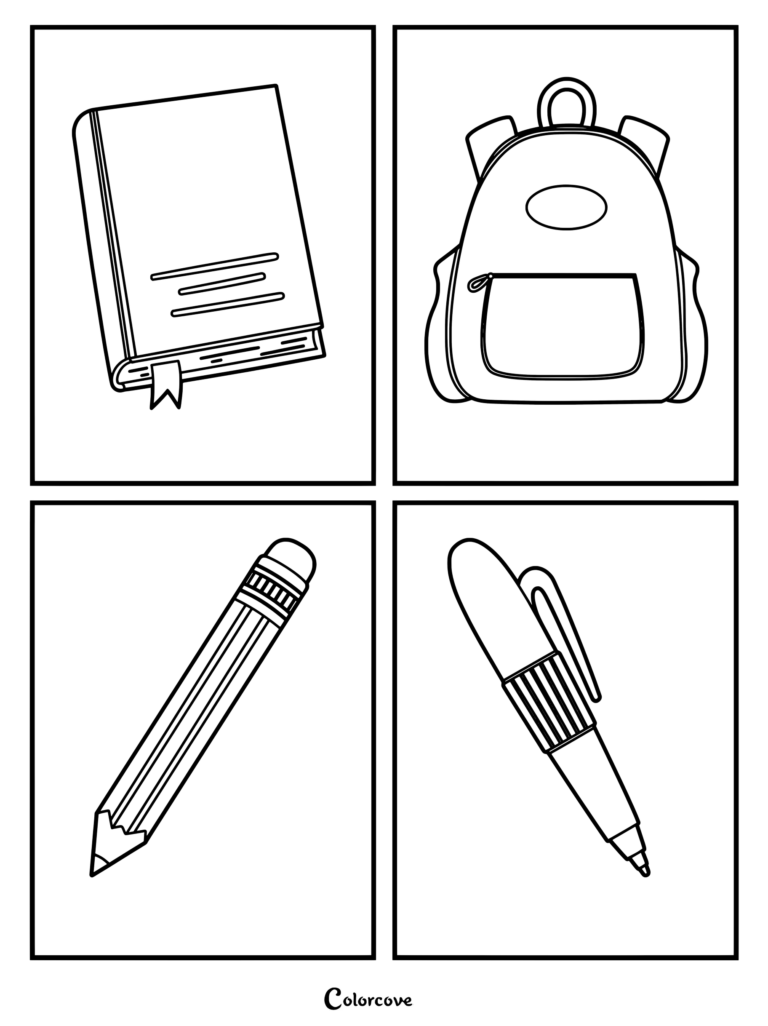 Preschool coloring page featuring four panels with a book, a backpack, a pencil, and a pen.