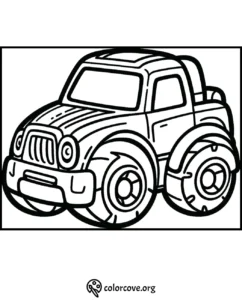 Printable truck coloring page for kids, featuring a cartoon style off-road vehicle with large wheels and fun details.