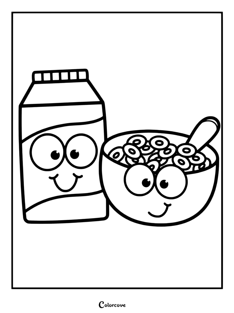 A cute milk carton and a bowl of cereal with smiling faces on a preschool coloring page