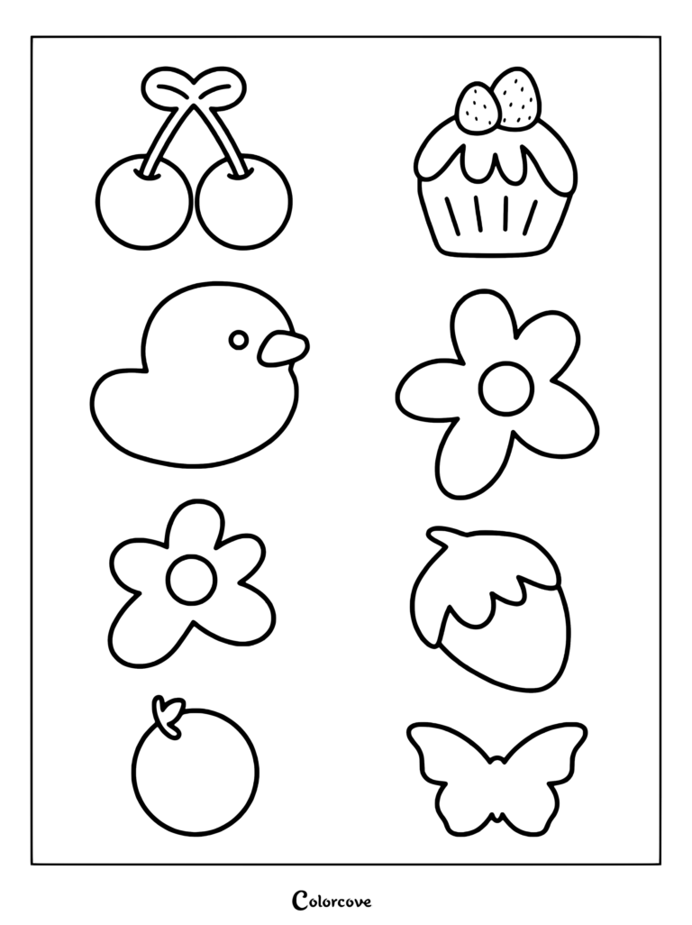 Preschool icons coloring page featuring cherries, a cupcake, a duck, flowers, a strawberry, an orange, and a butterfly.