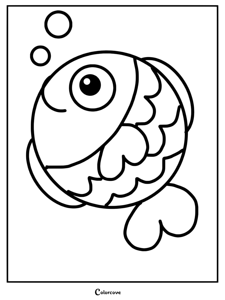 A preschool coloring page showing a friendly fish blowing bubbles underwater with simple outlines.