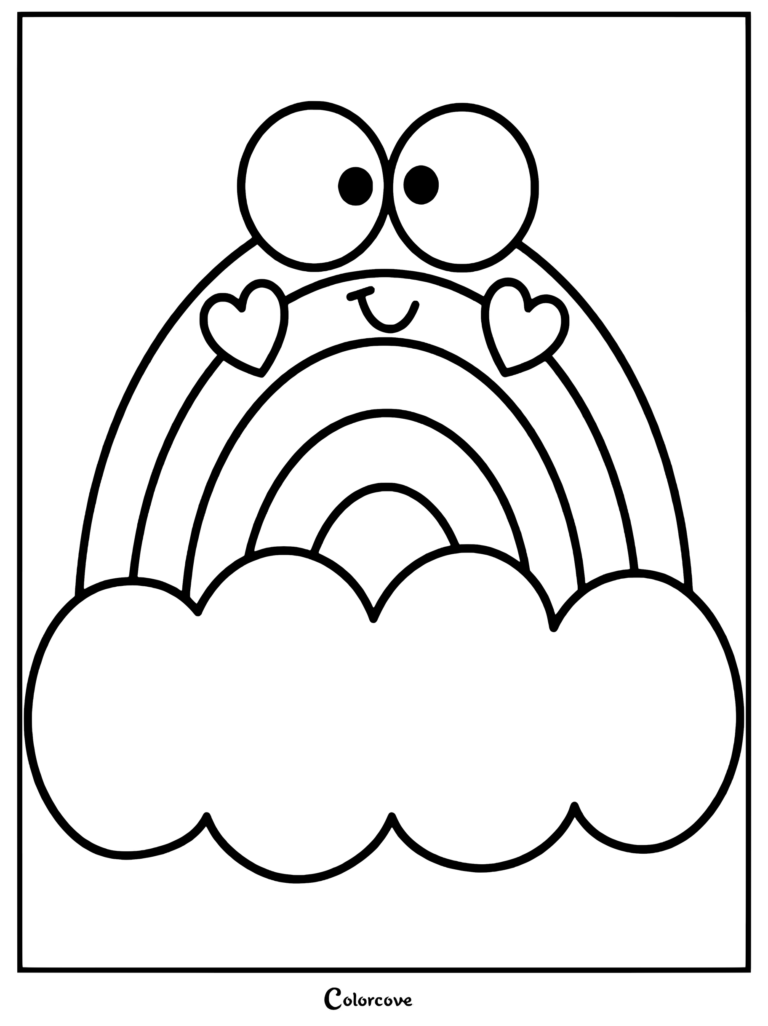 Preschool cute rainbow coloring page featuring a smiling rainbow with big googly eyes, heart cheeks, and fluffy clouds