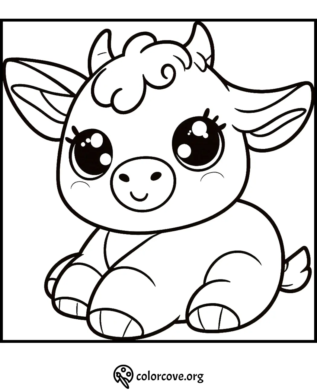 Cute baby cow coloring page with big eyes, suitable for kids to color. Printable from colorcove.org.